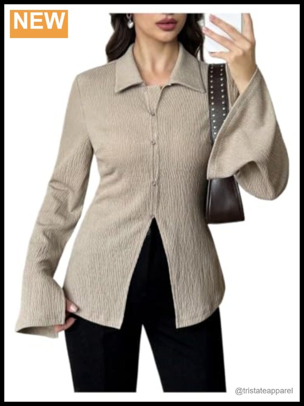 Women's Long Bell Sleeve Blouse Button Down Collared Elegant Top